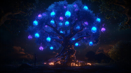 Naklejka premium Fantasy Tree with Glowing Blue Lights in a Dark Forest with Moisturizing Face Soap