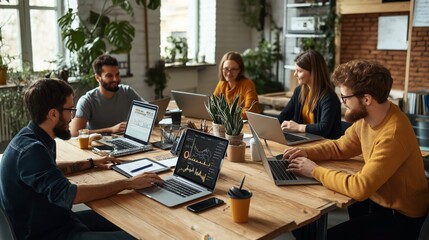 Group of five young professionals collaborating on laptops at a wooden table in a modern office space with plants and industrial decor. - Powered by Adobe