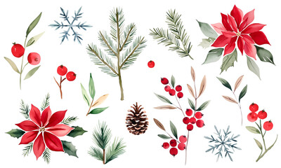 Watercolor christmas set. Botanical plants, flowers and snowflakes. Fir branches, berries and festive decorations. © Hanna ArtLab