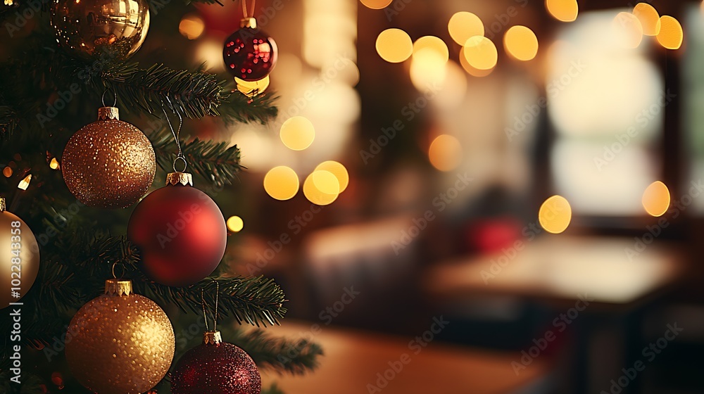 Aufkleber christmas tree with red and golden ornaments in front of a blurred background : generative ai