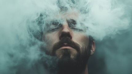 Close-up of a man with a beard, face engulfed in swirling smoke, evoking a sense of mystery and introspection, caught in an ethereal dream-like scene.