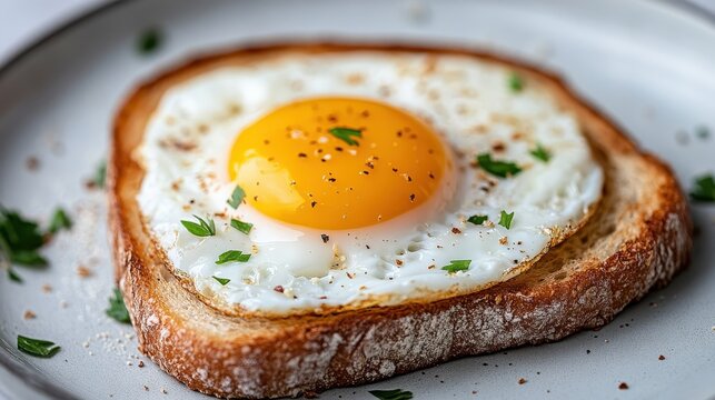 A simple yet appealing breakfast of a sunny-side-up egg atop a slice of toasted bread, sprinkled with herbs and lightly seasoned, embodying simplicity and taste.