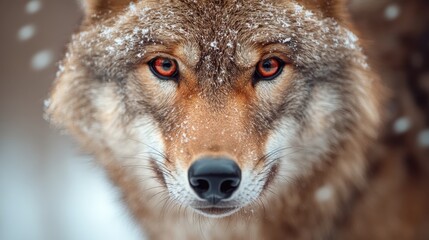 Obraz premium A powerful image capturing the intense gaze of a wolf with piercing amber eyes, accentuated by a dusting of snow, evoking a sense of mystery and wild grace.