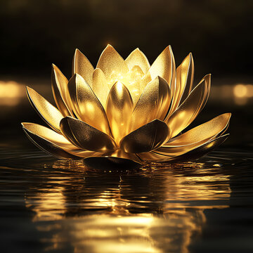 Golden lotus flower blooming on a dark water surface, glowing with light, spiritual and elegant.