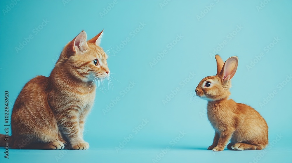 Poster ginger cat and rabbit playing together happy red pets isolated on blue : generative ai