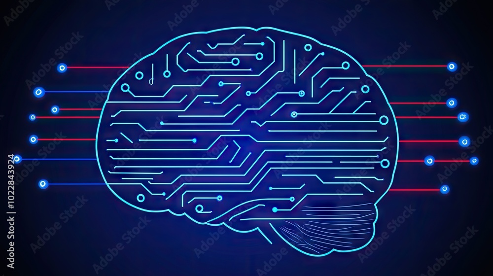 Poster futuristic ai concept with data streams and circuit-like connections forming an artificial brain.
