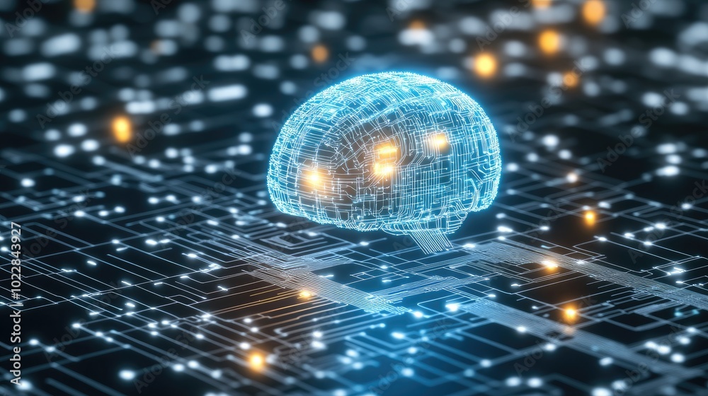 Poster futuristic ai concept with data streams and circuit-like connections forming an artificial brain.