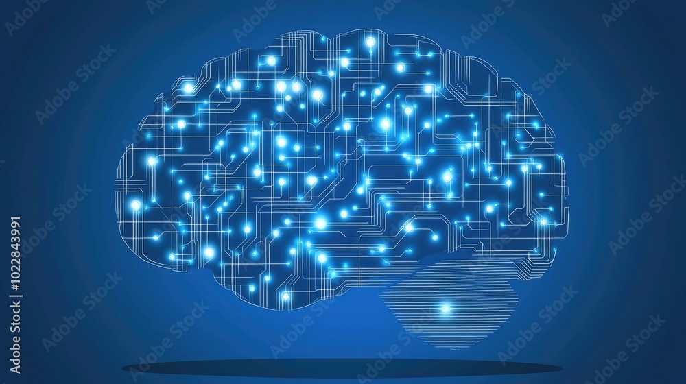 Poster futuristic ai concept with data streams and circuit-like connections forming an artificial brain.