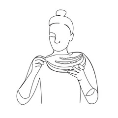 One continuous single drawing line art doodle outline, hand, watermelon, girl, fruit, happy, summer, food, nutrition. Isolated flat illustration hand draw contour on a white background
