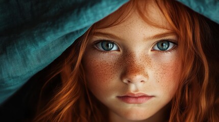 A young girl with vibrant red hair and expressive freckles peers out from beneath a dark turquoise cloth, showcasing her bright blue eyes in the foreground.