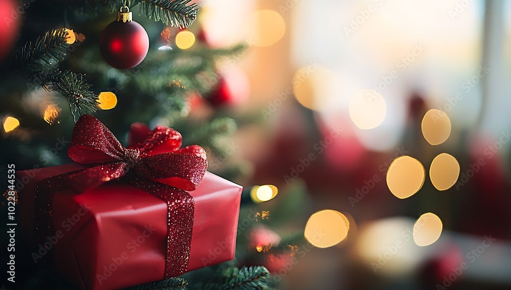 Poster christmas present box with a bow on a decorated tree against a blurred background. : generative ai