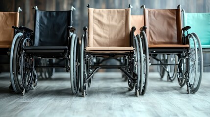 A row of wheelchairs in a modern medical facility showcases diversity in design and accessibility, highlighting progress in healthcare and patient support.