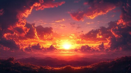 Naklejka premium Fiery Sunset Over Mountains
