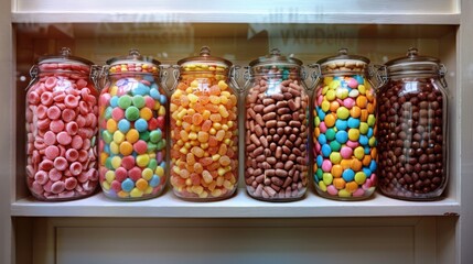 Six candy jars filled with a variety of colorful treats and sweets displayed on a shop counter.

