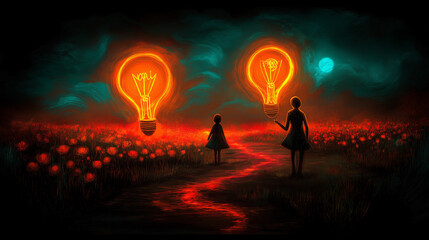 Silhouettes with glowing bulbs in surreal red field at night.