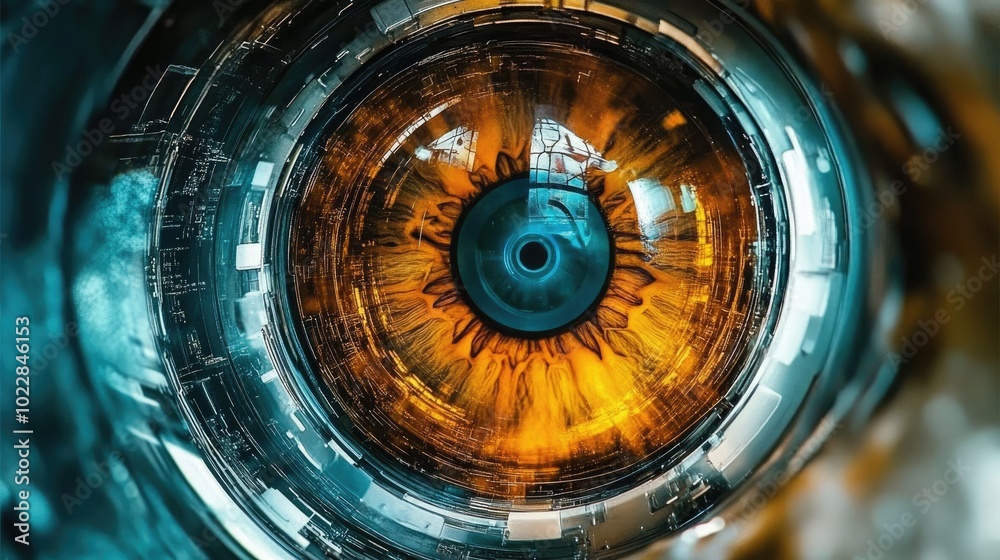 Poster high-tech digital eye observing data streams in a tunnel of abstract technology. futuristic sci-fi e