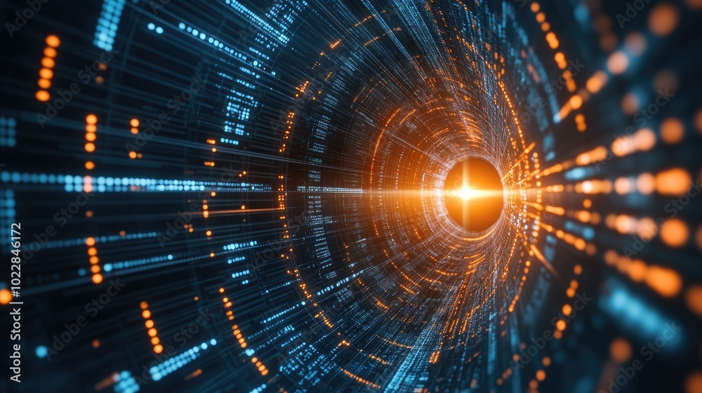 Poster high-tech digital eye observing data streams in a tunnel of abstract technology. futuristic sci-fi e