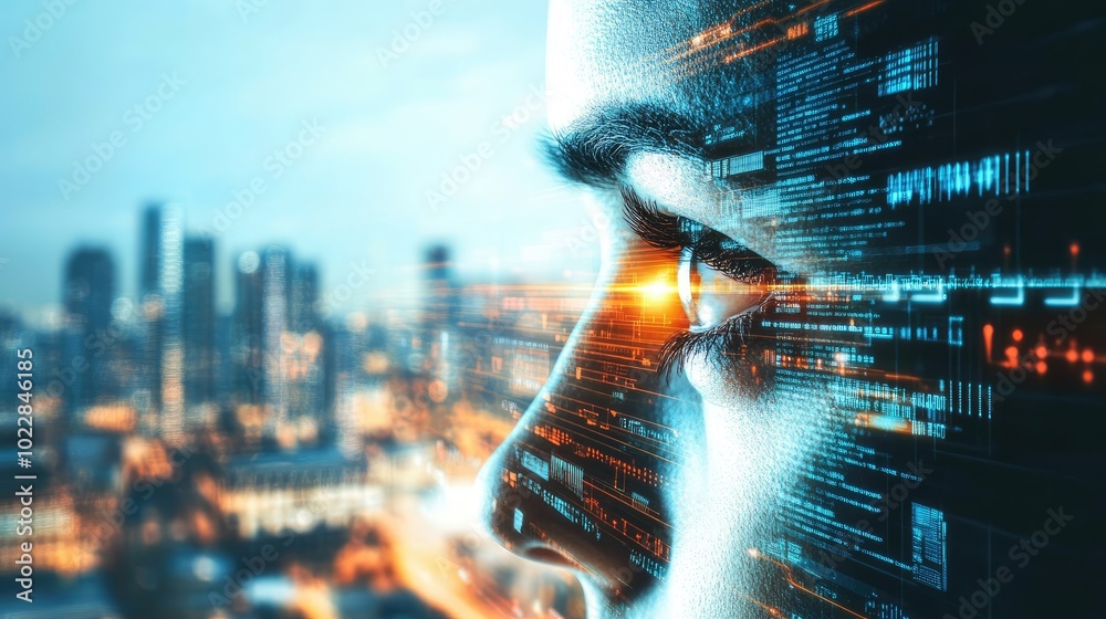 Poster high-tech digital eye observing data streams in a tunnel of abstract technology. futuristic sci-fi e