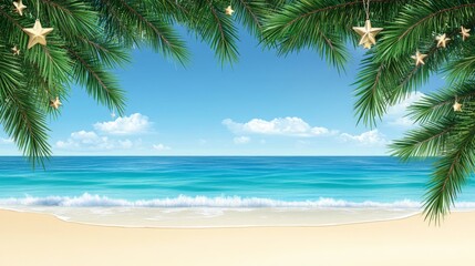 Fototapeta premium Golden baubles hanging from christmas tree branches on a tropical beach with a turquoise sea, creating a one of a kind holiday vibe