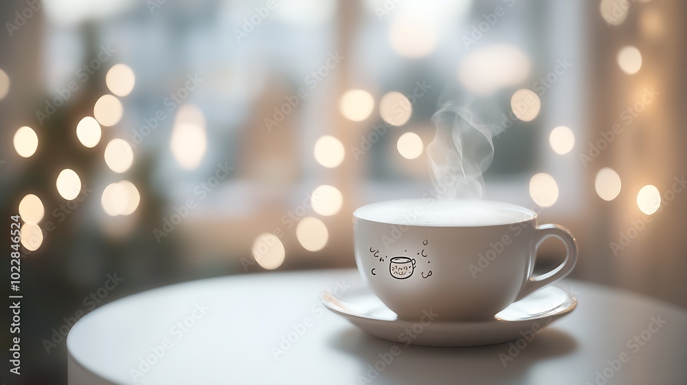 Poster a cup of hot coffee with steam stands on a white table in a festively decorated cafe. : generative a
