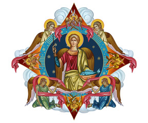 Obraz premium Archangel Raphael. Bright religious dome with apostles and angels in sky. Illustration in Byzantine style isolated