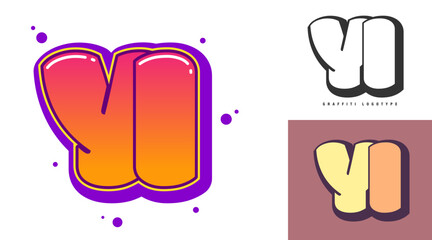 YI logo design for festival or party. Initial letter y and i in graffiti style. Creative modern lettering company name of font typography. Kids trendy logotype or identity.