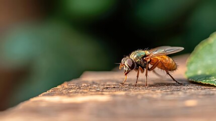 A detailed and focused close-up image of a vibrant, metallic-backed common fly resting on a wooden surface, showcasing its intricate features in natural light.