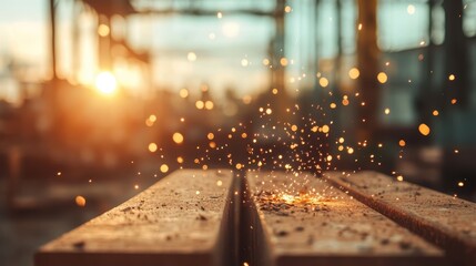 A mesmerizing scene of sparks cascading from a high vantage point over wooden beams in an industrial area, capturing the essence of hardworking craftsmanship.