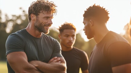 An athletic coach in a blue shirt, deeply engaged in discussion with young athletes outdoors, surrounded by greenery and warm, inviting sunlight.