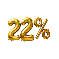 Golden balloon numbers forming '22%' on a transparent background. Ideal for promotions, discounts, or celebration visuals. Perfect for use in marketing, sales, and event graphics