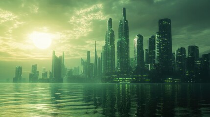Fototapeta premium Futuristic Cityscape with Green Hues