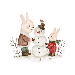 Watercolor illustration, a bunnies are sculpting a snowman. Daddy rabbit and son rabbit. Christmas, New Year, winter holiday.