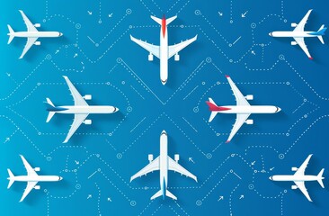 Fototapeta premium A flat vector graphic of white airplanes on a blue background