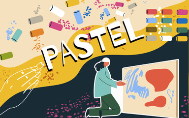 Collage art tools, workshop, fine art,  vector flat illustration, art supplies, background, dry pastel, template, layout, decorative, element, collection. Hand drawn design.