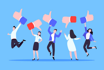 Customer feedback, employee or client satisfaction rating review with good or bad symbols - thumb up and down business concept vector illustration. Positive and negative feedback and evaluation