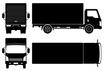 Small delivery truck silhouette on a white background. Vehicle icons set view from the side, front, back, and top