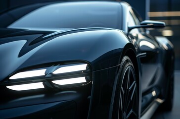 Close up of the front end headlights of an electric concept car. 
