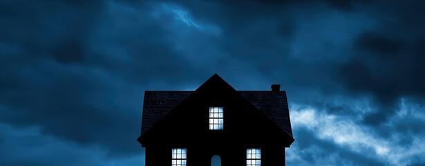 A silhouette of a house against a dark, cloudy sky, evoking mystery and intrigue during the night.