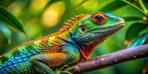 Fototapeta premium Vibrant Agamid Lizard Resting on a Branch in a Lush Green Tropical Environment Close-Up Shot