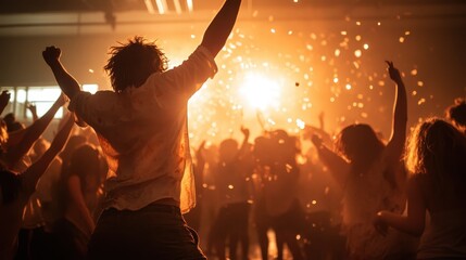 An energetic crowd dances enthusiastically in a festive atmosphere with bright lights and gleeful expressions, capturing the essence of celebration and joyfulness.