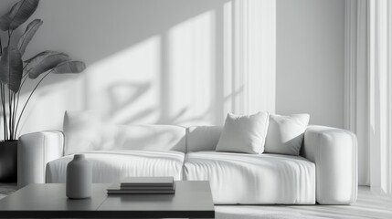 Minimalist Living Room with White Sofa and Sunlight