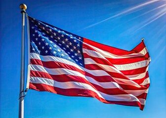 Obraz premium Vibrant American Flag Waving in the Breeze Against a Clear Blue Sky on a Sunny Day Outdoors