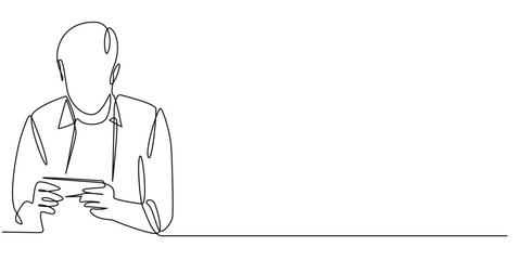 one continuous line drawing of man playing games on mobile phone.one line drawing of man addicted to gaming.single line vector illustration.isolated white background