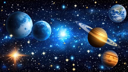 Panoramic space scene with vibrant planets, distant stars, and nebulae. A 3D illustration of a cosmic landscape in the universe.