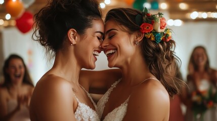 The photograph captures two brides immersing in a joyful moment during their wedding, with bright smiles and vibrant floral accents, embracing love and unity.