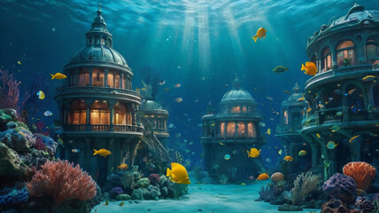 Beneath the tranquil sea, colorful fish swim gracefully through the remnants of a magnificent submerged city, surrounded by coral reefs.
