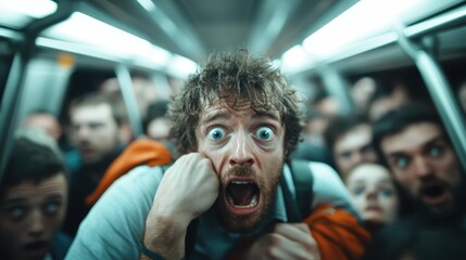 Image of a man with wide eyes and an anxious expression, surrounded by a dense crowd in a metro train, capturing a moment of intense emotion and urban stress.