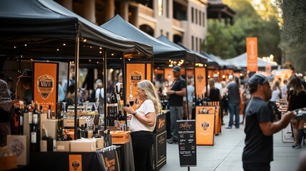 Obraz premium Outdoor wine festival with people tasting wine at vendor stalls under black tents with decorative lights in a lively setting