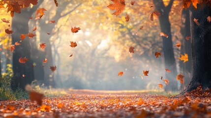 A path through an autumnal forest with falling leaves.
