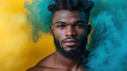 An intense portrait of a man with stylish hair and strong features, enveloped in vibrant clouds of teal and yellow smoke, set against an abstract background.